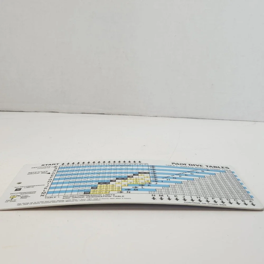 PADI DIVE TABLES Chart - 1983 Plastic Waterproof Laminated